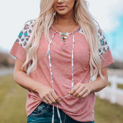 Lace up Leopard Sleeve T Shirt