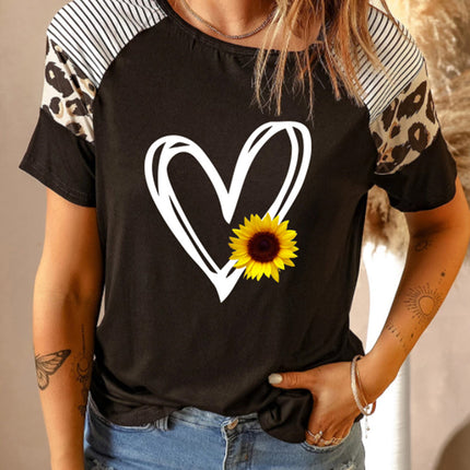 Striped Leopard Print Short Sleeve Women T-shirt