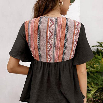 Western Serape Patchwork Flounce Short Sleeve Top