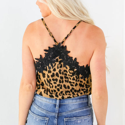 Print Lace Contrast Spaghetti Strap Cami Top