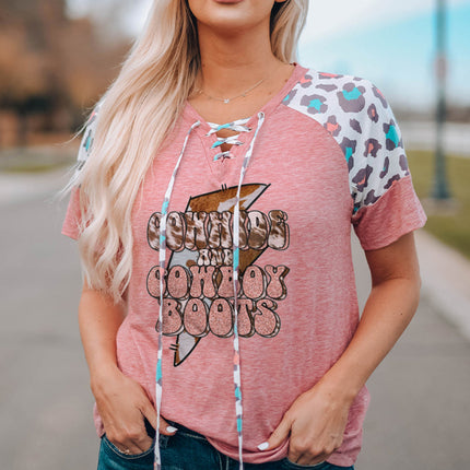 Lace up Leopard Sleeve T Shirt