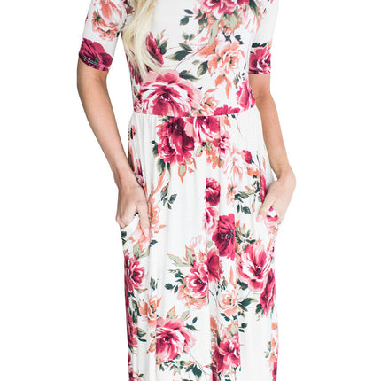 Short Sleeve Floral Long Dress with Pockets