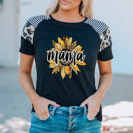 Striped Leopard Print Short Sleeve Women T-shirt