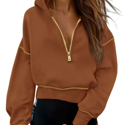 Half Zip Hooded Long Sleeve Cropped Pullover