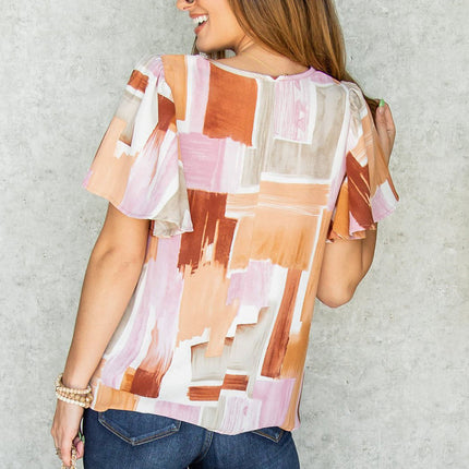 Multicolor Color Block Ruffled Short Sleeve V Neck T-shirt