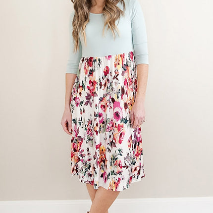 Grey Solid Bodice Floral Bottom Midi Dress