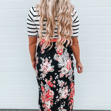 Floral Striped Color Block Lace-up High Waist Maxi Dress