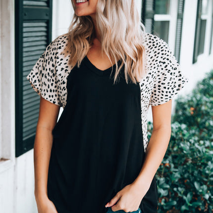 Leopard Sleeves Color Block V Neck T-shirt
