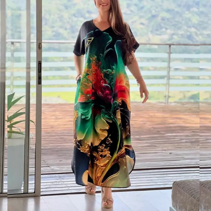 Loose Casual V-Neck Printed Short Sleeve Dresses