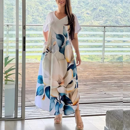 Loose Casual V-Neck Printed Short Sleeve Dresses