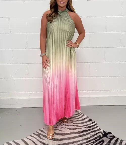 Sleeveless Two-tone Pleated Casual Dress