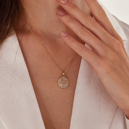 Round Tree Of Life Crystal And Pearl Gold Necklace