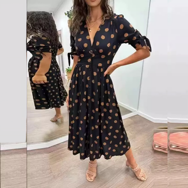 V-neck Polka Dot Waist Casual Dress
