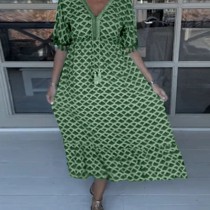 V-neck Tassel Edge Sleeve Print Midi Dress