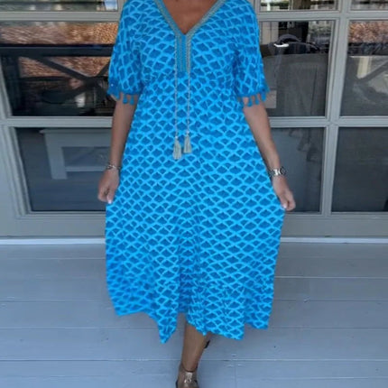 V-neck Tassel Edge Sleeve Print Midi Dress