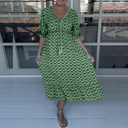 V-neck Tassel Edge Sleeve Print Midi Dress
