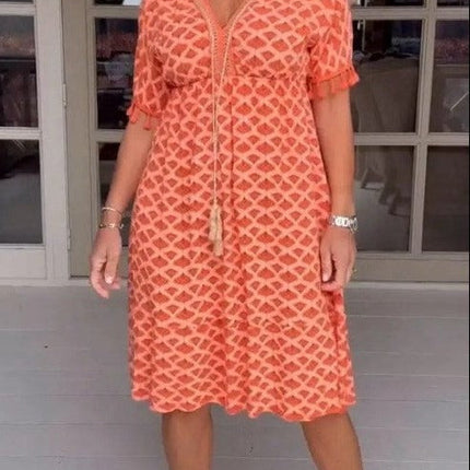 V-neck Tassel Edge Sleeve Print Midi Dress