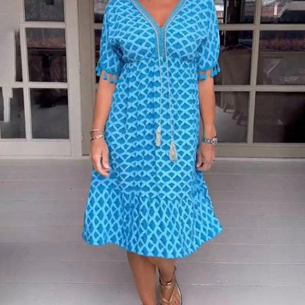 V-neck Tassel Edge Sleeve Print Midi Dress
