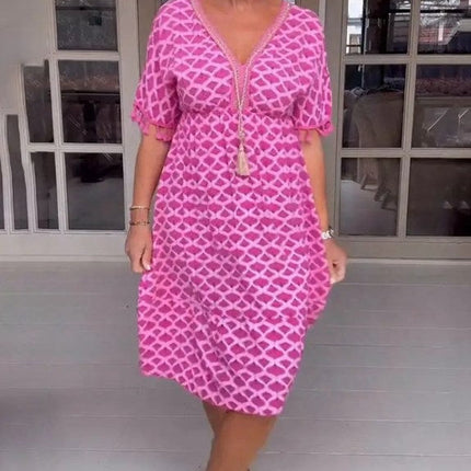V-neck Tassel Edge Sleeve Print Midi Dress