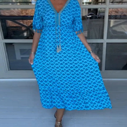 V-neck Tassel Edge Sleeve Print Midi Dress