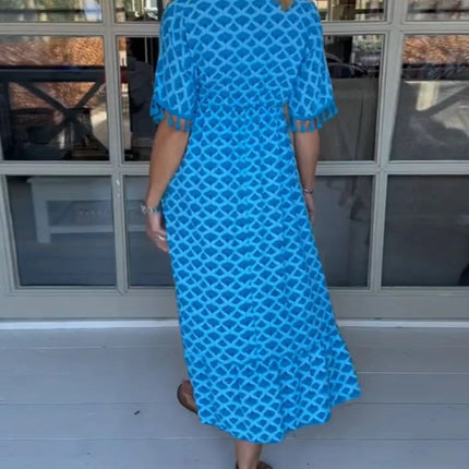V-neck Tassel Edge Sleeve Print Midi Dress