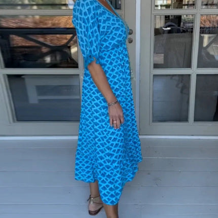 V-neck Tassel Edge Sleeve Print Midi Dress