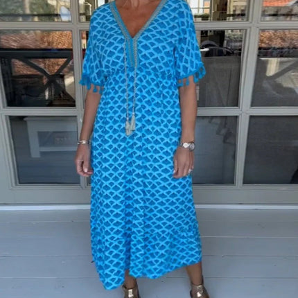 V-neck Tassel Edge Sleeve Print Midi Dress