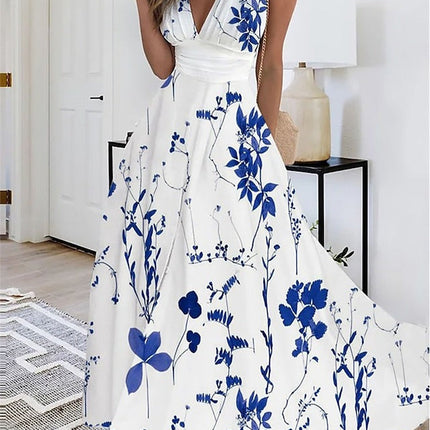 Royal Blue Floral Print White Midi Dress