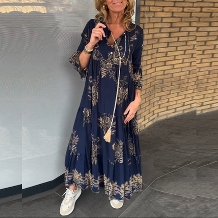 Loose-Fitting Vintage V-neck Dress