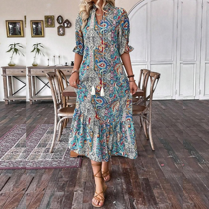 Colorful Paisley Shirred Waist Long Summer Dress