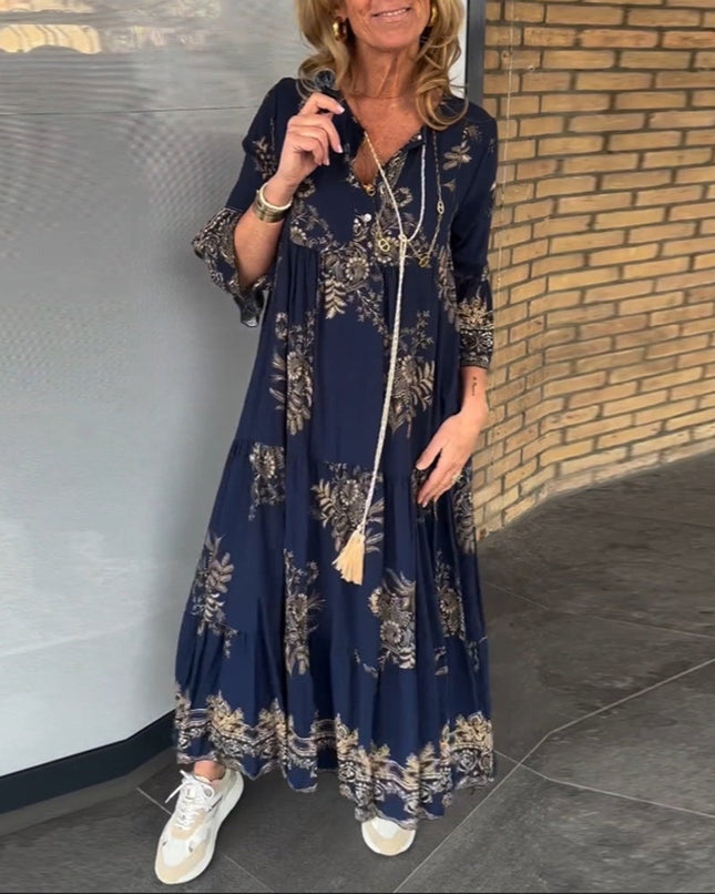 Loose-Fitting Vintage V-neck Dress