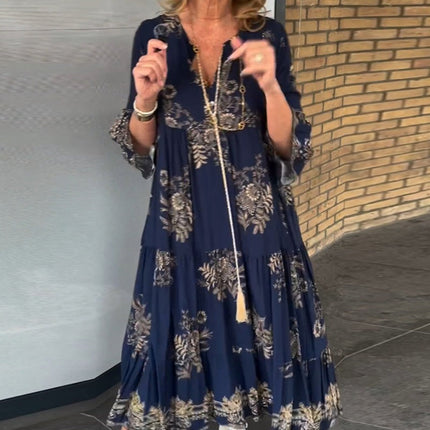 Loose-Fitting Vintage V-neck Dress