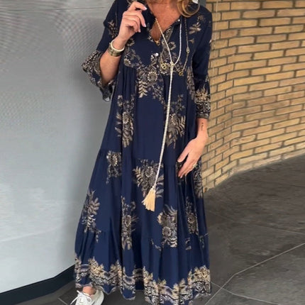 Loose-Fitting Vintage V-neck Dress