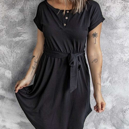 Buttons Crewneck Lace-up High Waist Mini Dress