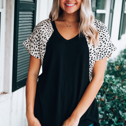 Leopard Sleeves Color Block V Neck T-shirt