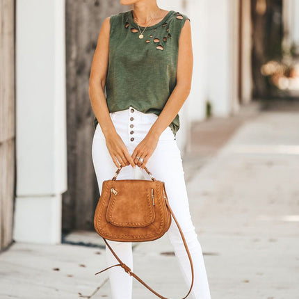 Broken Hole Detail Sleeveless Crew Neck Tank Top