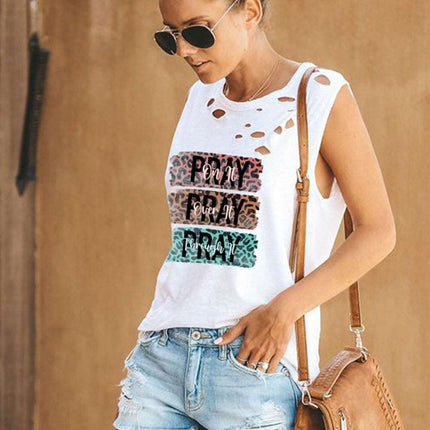 Broken Hole Detail Sleeveless Crew Neck Tank Top
