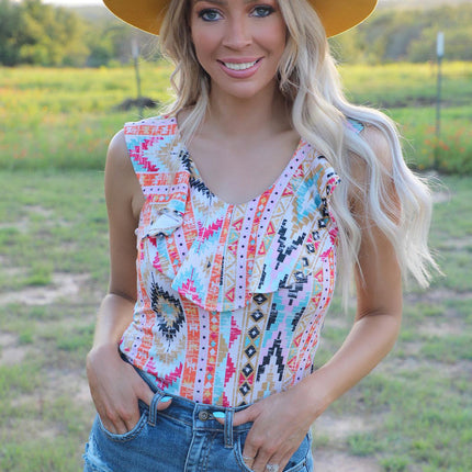 Western Aztec Print Ruffled Sleeveless Bodysuit