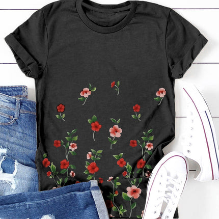 Floral Print Round Neck Short Sleeve Tunic Top