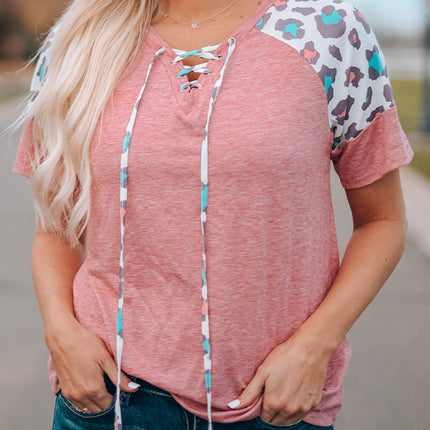 Lace up Leopard Sleeve T Shirt