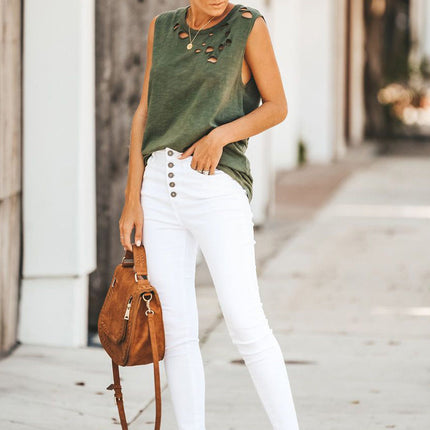 Broken Hole Detail Sleeveless Crew Neck Tank Top