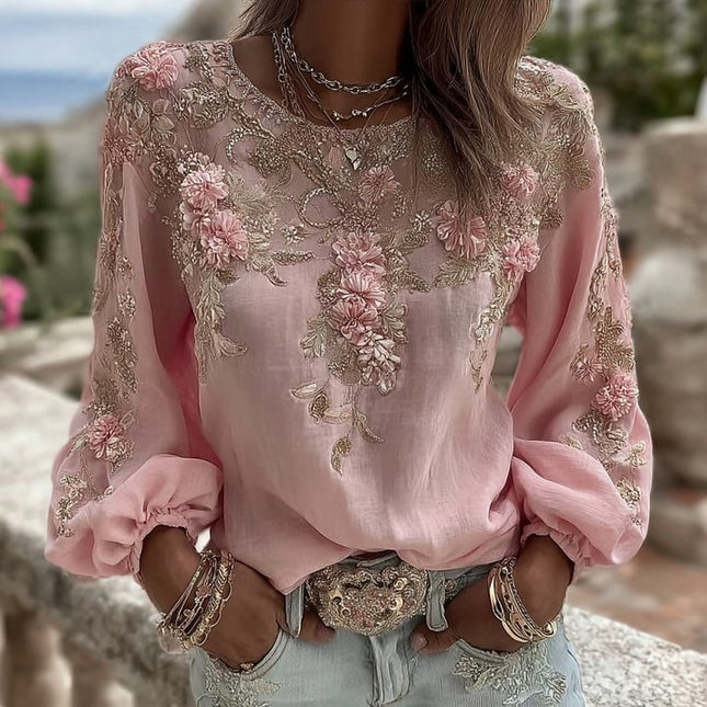 Vintage Pink Rose Embroidery Art Round Neck Long Sleeve Linen Blend T-shirt