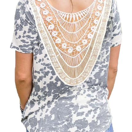 Crochet Lace Patchwork Cow Print Short Sleeve T-shirt