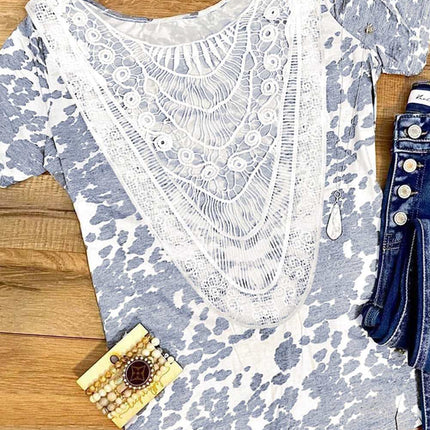Crochet Lace Patchwork Cow Print Short Sleeve T-shirt