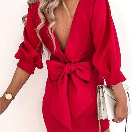 Bow Backless 3/4 Sleeve High Waist Mini Dress
