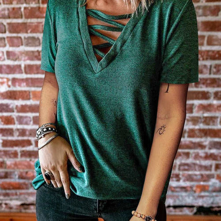 Criss Cross V Neck Short Sleeve Knit T-shirt