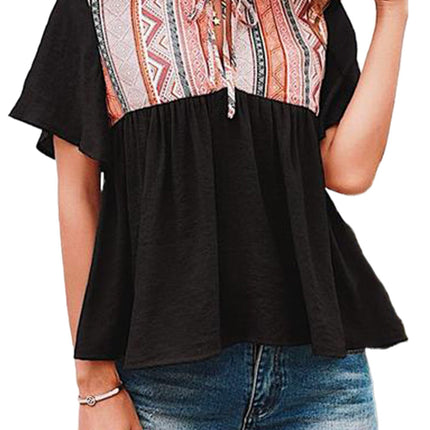 Western Serape Patchwork Flounce Short Sleeve Top