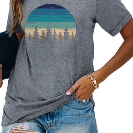 Floral Print Round Neck Short Sleeve Tunic Top