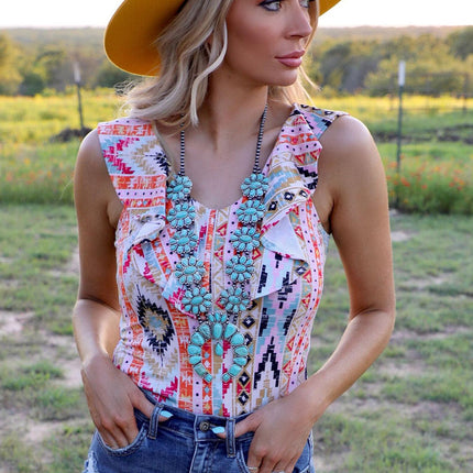 Western Aztec Print Ruffled Sleeveless Bodysuit
