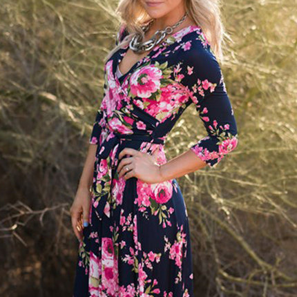 Wrap V Neck Floral Dress with Belt